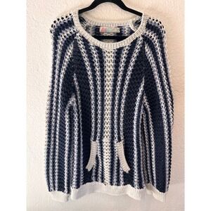 Free People Beach Womens Large Blue White Striped Crochet Knit Sweater Coverup
